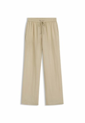 Beige afslappede bukser med elastisk taljebånd og frontsnor, rette ben og sidelommer.