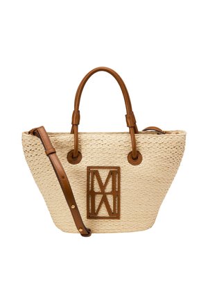 Beige gewebte Handtasche mit braunen Ledergriffen, verstellbarem Schulterriemen und braunem Leder-Logopatch vorne.