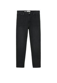 Jeans de mezclilla negra con un diseño de pierna recta, estilo de cinco bolsillos y un cierre clásico de botón en la cintura. Textura suave y lisa.