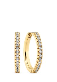 Orecchini a cerchio in oro con una fila di cristalli trasparenti scintillanti lungo un lato, che presentano una finitura lucida e un design circolare.