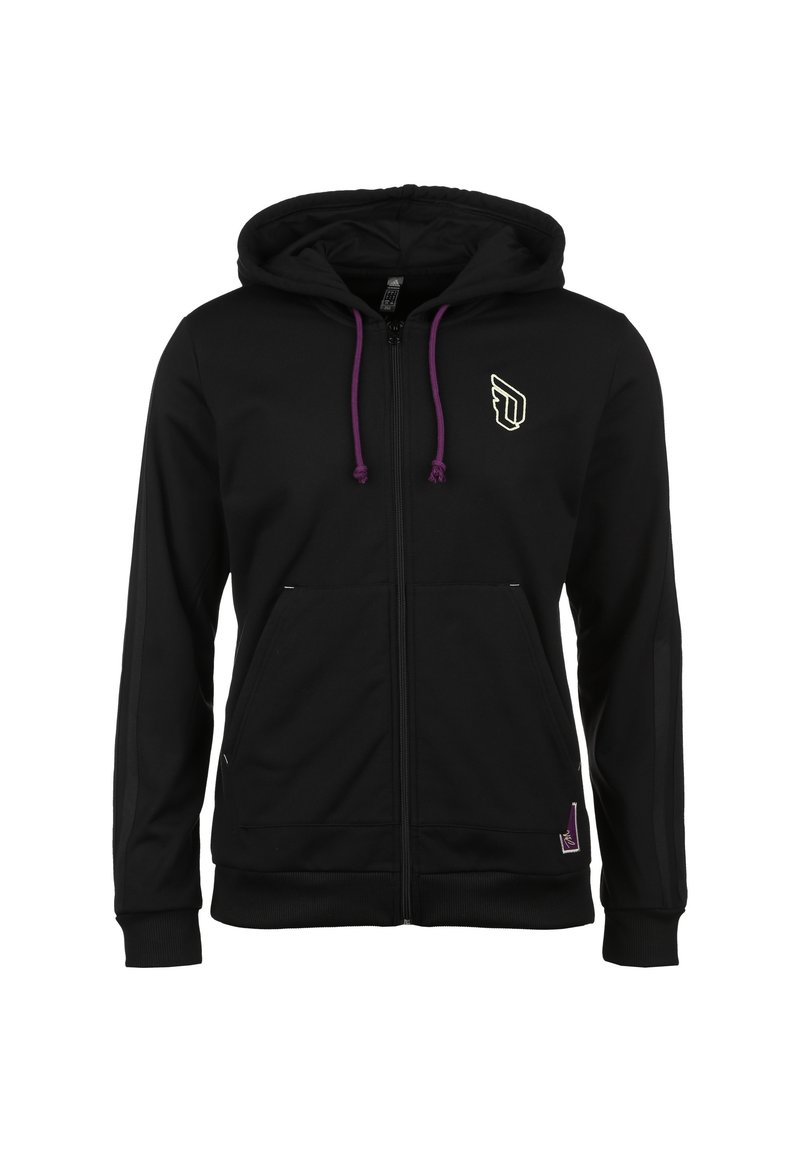 Sudadera con cremallera negra, capucha, cordones morados, bolsillos laterales y un pequeño logotipo en el pecho. Presenta una tela texturizada y puños acanalados.