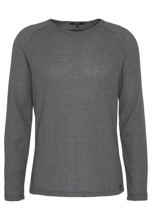 Heren trui met lange mouwen en ronde hals, gemaakt van donkergrijs, getextureerd breisel met raglanmouwen en een klein labeltje bij de zoom.