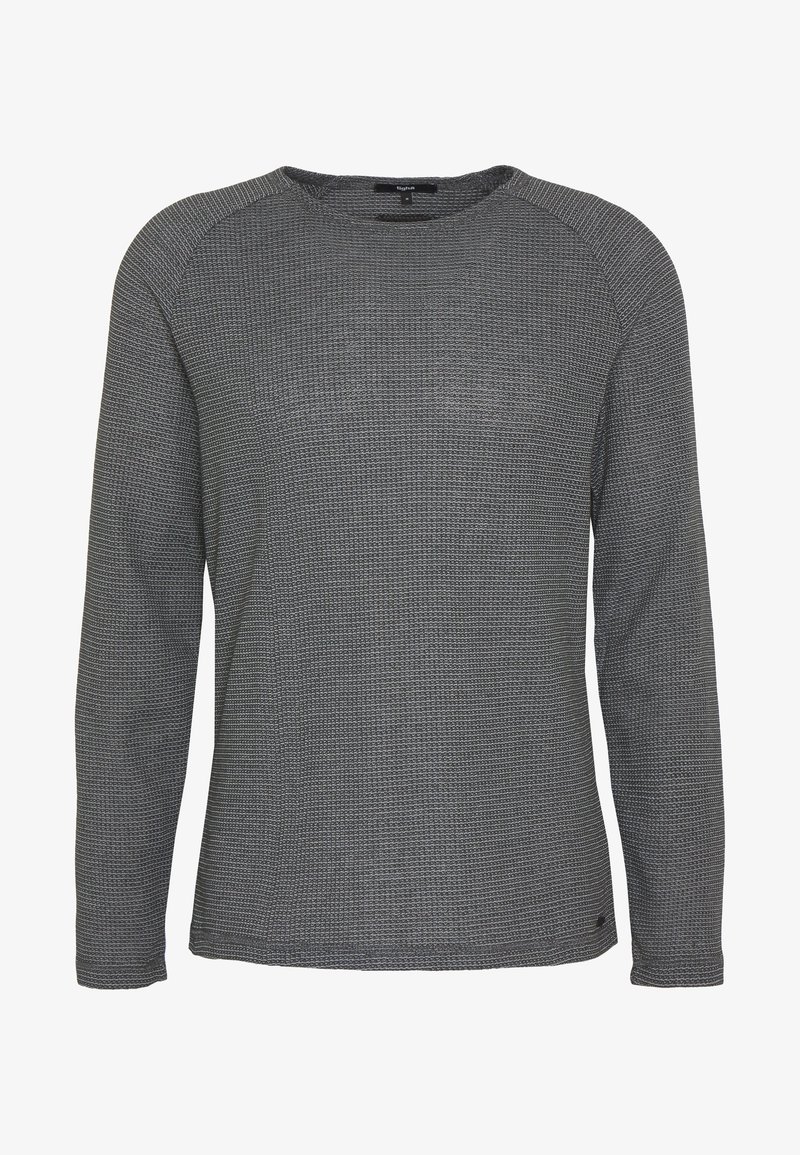 Pull pour homme à manches longues, en maille texturée gris foncé avec encolure ronde, manches raglan et une petite étiquette près de l'ourlet.