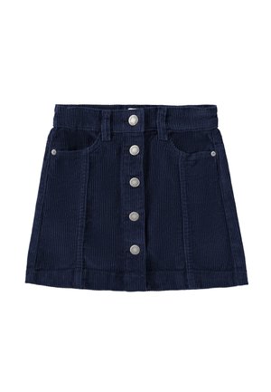 Mini nederdel i marineblåt ribfløjl med metalknapper foran, to for lommer og bæltestropper i taljen.