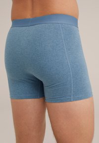 Kék, testhezálló boxer alsó, puha, kevert anyagból készült. Simaságú derékpánttal és varrott varrással rendelkezik. Rövid szárú kialakítás.