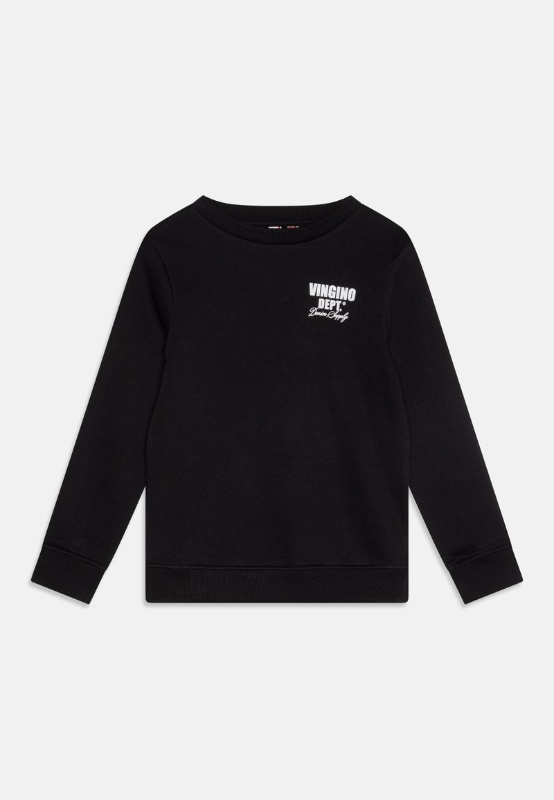 Sweatshirt noir avec un col rond, des manches longues, des poignets et un ourlet côtelés. Présente un logo en texte blanc "VINGINO DEPT." sur le côté supérieur gauche.