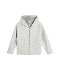 Sudadera gris con cremallera, fabricada en un suave tejido cepillado, que cuenta con una gran capucha, dos bolsillos frontales y un corte relajado.