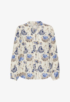 Valge pluus, millel on sinised ja beežid lillemustrid, pikad varrukad, krae ja nööbitav esikülg. Kerge kangas tekstuurse viimistlusega.