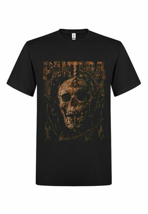 Black cotton T-shirt featuring a distressed graphic of a skull and barbed wire, with "PANTERA" in bold, rusty orange lettering.
