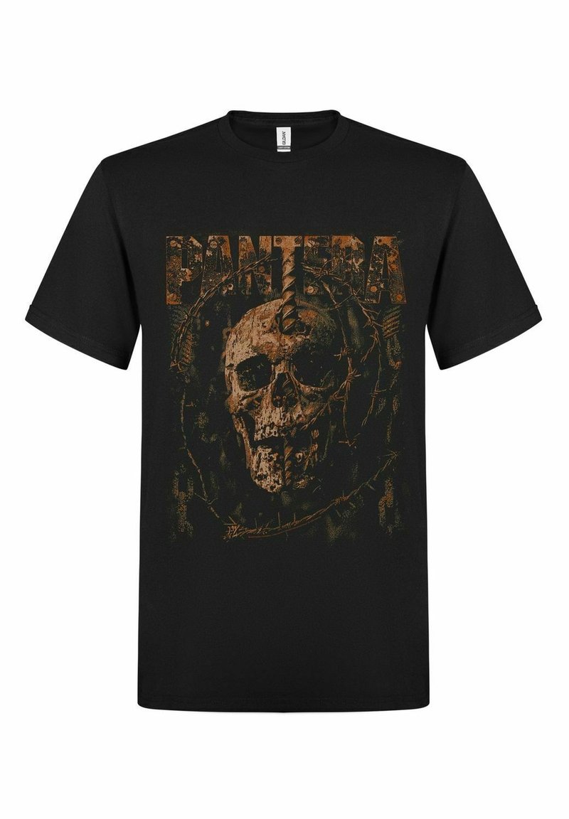 Sort bomulds T-shirt med et slidt grafisk design af et skelet og pigtråd, med "PANTERA" i fed, rusten orange skrift.