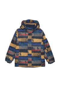 Giacca invernale multicolore con cappuccio, caratterizzata da un motivo testurizzato in blu navy, giallo, rosso e verde. Include bottoni a pressione e polsini.