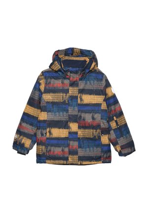 Giacca invernale multicolore con cappuccio, caratterizzata da un motivo testurizzato in blu navy, giallo, rosso e verde. Include bottoni a pressione e polsini.