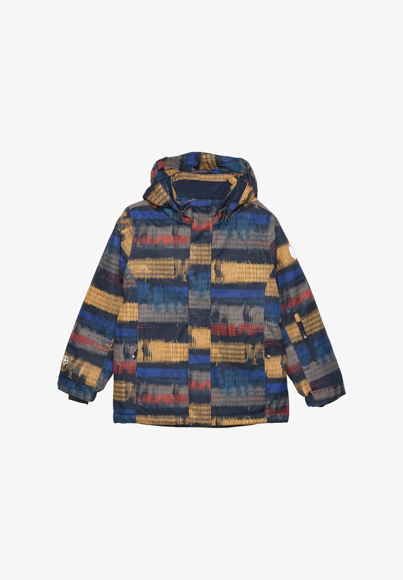 Bunt gefütterte Winterjacke mit Kapuze, die ein strukturiertes Muster in Marineblau, Gelb, Rot und Grün aufweist. Enthält Druckknöpfe und Bündchen.