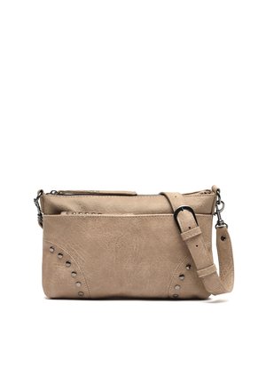 Beige leather crossbody bag with adjustable strap, zippered top, and decorative metal studs on front corners.