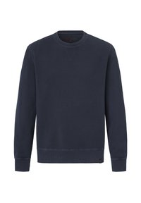 Navyblauer Pullover mit Rundhalsausschnitt, langen Ärmeln, gerippten Bündchen, strukturiertem Stoff und einem kleinen Logotag unten links.