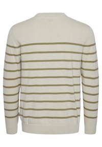 Pull beige à manches longues avec des rayures horizontales marron clair, poignets et ourlet côtelés, vu de dos.