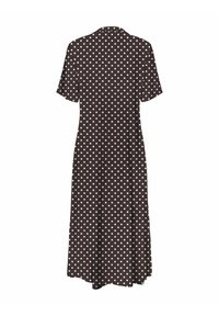 Robe à pois bruns, manches courtes, longueur genou, en tissu doux, avec des pois blancs répartis uniformément sur l'ensemble du design.