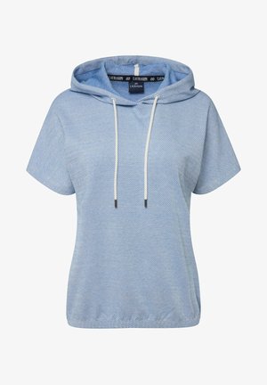 Niebieska, krótka bluza z kapturem w paski z sznurkiem, wykonana z lekkiego materiału, o luźnym kroju i miękkiej fakturze. Logo marki widoczne wewnątrz.