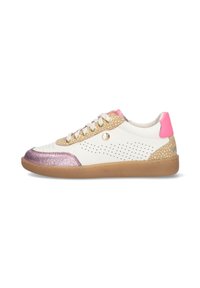 White sneakers with pink accents, metallic gold and glittery purple toe detail, perforated sides, and a tan rubber sole. Lace-up design.