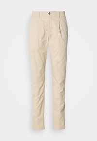 Beige slim-fit men's trousers with belt loops, button closure, and front pleats, laid flat on a white background.