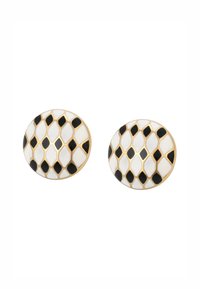 Orecchini ovali color oro con uno sfondo bianco e un motivo a nido d'ape nero. Superficie liscia con accenti texturizzati a contrasto.