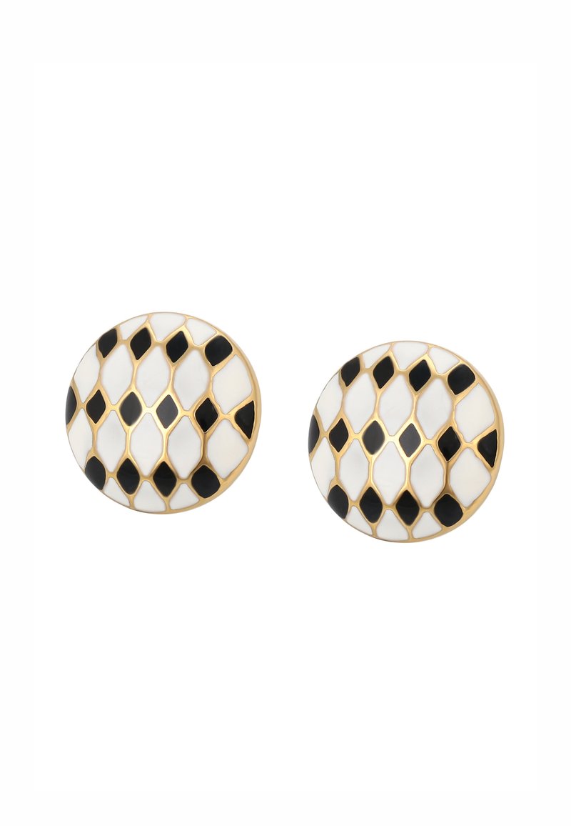 Orecchini ovali color oro con uno sfondo bianco e un motivo a nido d'ape nero. Superficie liscia con accenti texturizzati a contrasto.