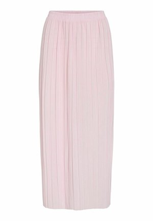 Hellrosa gefalteter Rock mit einem entspannten Bund und einer langen, fließenden Silhouette. Glatte Textur mit dezenten Nadelstreifen für zusätzlichen Detail.