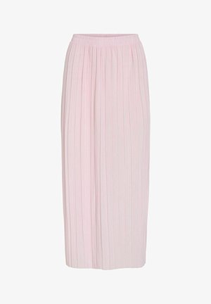 Gaiši rozā krokota svārki ar brīvu jostasvietu un garu, plūstošu siluetu. Gluda tekstūra ar smalkām svītrām papildu detaļām.