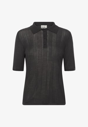 Tricou polo negru cu mâneci scurte, trei nasturi și dungi verticale subtile texturate pe partea din față.