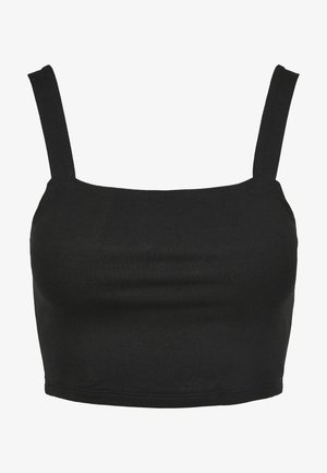 Zwarte crop top met dunne bandjes, gemaakt van een soepele, elastische stof. Heeft een vierkante halslijn en een aansluitend ontwerp.