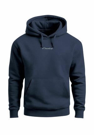 Navy blue hoodie made of soft fabric features a kangaroo pocket and drawstring hood. It has a small white printed logo on the chest.