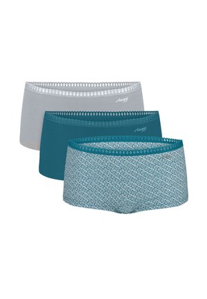 Trzy damskie majtki w stylu hipster w kolorach: szarym, jednolitym turkusowym oraz turkusowym z białym abstrakcyjnym wzorem, każda z koronkowym paskiem w fasonie falbanki.