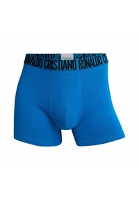 Boxer briefs da uomo blu realizzati in tessuto morbido, con una cintura elastica nera stampata con la scritta "CRISTIANO RONALDO."