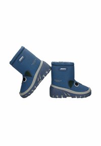 Blauwe geïsoleerde laarzen met een gestructureerde bovenkant, dikke grijze zool met een robuust profiel en een cirkelvormige accent detail aan de zijkant.
