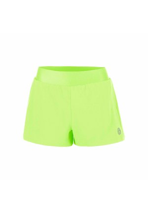 Hel fel neon groene sportshorts met een brede elastische tailleband en een klein rond logo vlak bij de zoom op een witte achtergrond.