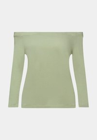 Lichtgroene off-shoulder top met lange mouwen, gemaakt van zachte stof; heeft een getailleerd ontwerp en een gladde textuur zonder patronen.
