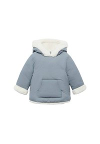 Gestepptes Jackett in Hellblau mit einer weißen Kunstfellkapuze, Bündchen und einer Fronttasche. Verfügt über eine lockere Passform und weichen Griff.