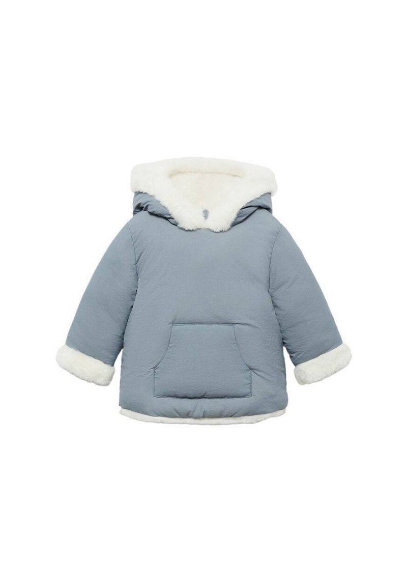 Gestepptes Jackett in Hellblau mit einer weißen Kunstfellkapuze, Bündchen und einer Fronttasche. Verfügt über eine lockere Passform und weichen Griff.