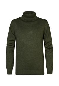 Maglione a collo alto verde oliva, texture lavorata a maglia, maniche lunghe, polsini e orlo a costine, vestibilità rilassata, senza loghi o design visibili.