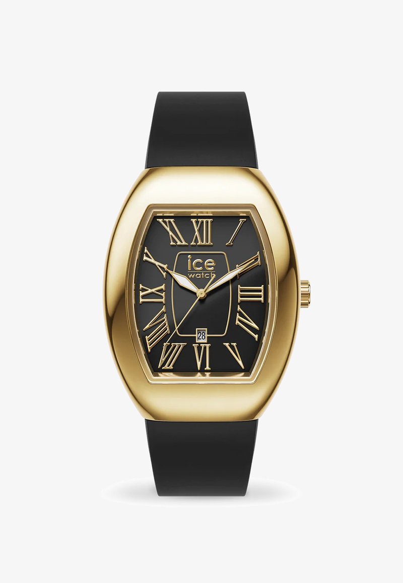 Złoty prostokątny zegarek z czarną tarczą, rzymskimi cyframi, wyświetlaczem daty oraz teksturowanym czarnym paskiem silikonowym.