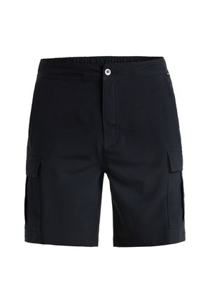 Zwarte cargoshorts van geweven stof, met twee zijzakken, een elastische tailleband en een knoopsluiting.