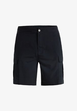 Zwarte cargoshorts van geweven stof, met twee zijzakken, een elastische tailleband en een knoopsluiting.