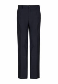 Granatowe spodnie formalne o prostym kroju, z zapięciem na guzik, fałdami z przodu i bocznymi kieszeniami. Wykonane z gładkiego, trwałego materiału.