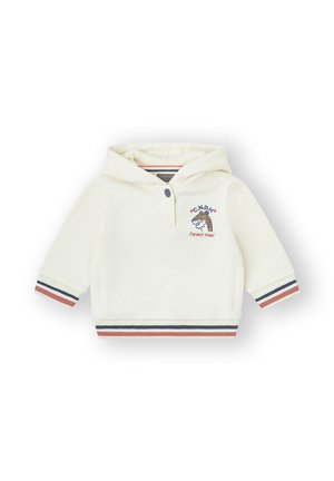 Sudadera para niños de color crema con un parche de jirafa, cuello abotonado y puños y dobladillo a rayas en colores navy y óxido.