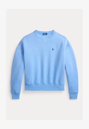 Svjetlomodra majica z okroglim izrezom iz mehkega materiala. Ima rebraste manšete in spodnji rob ter majhen vezen logotip na prsih.