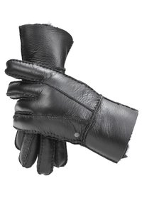 Juodi odiniai pirštinės su matomomis siūlėmis ir pūkuota pamušalu, padėtos taip, kad viena pirštinė remiasi ant kitos.