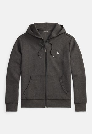 Sudadera con capucha y cremallera color gris oscuro, confeccionada con mezcla de algodón, con bolsillo tipo canguro, capucha ajustable con cordón y pequeño logo bordado en el pecho.