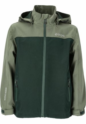 Grüne und olivfarbene wasserdichte Jacke mit Reißverschluss vorne, verstellbarem Kapuzenkragen und zwei Seitentaschen. Mit "ZIGZAG"-Logo und strukturiertem Stoff ausgestattet.
