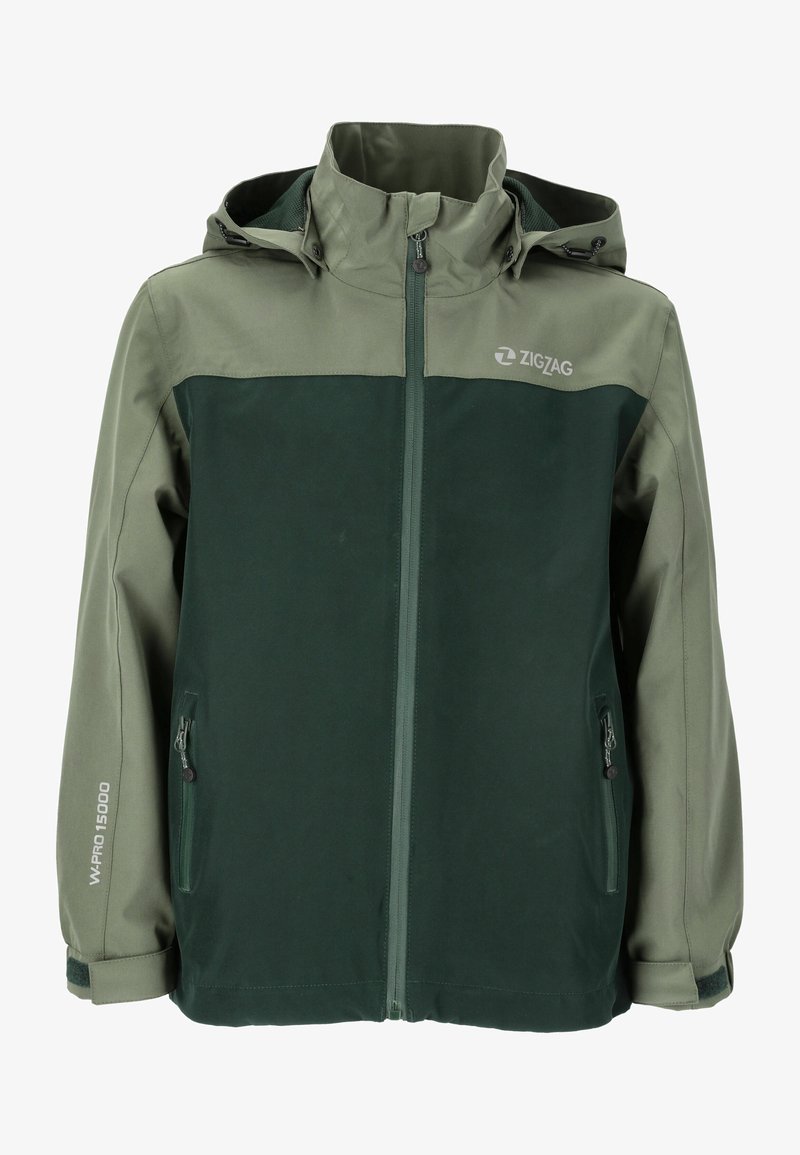 Vihreä ja oliivinvihreä vedenpitävä takki, jossa on vetoketjukiinnitys, säädettävä huppu ja kaksi sivutaskua. Ominaisuuksiin kuuluu "ZIGZAG"-logo ja teksturoitu kangas.