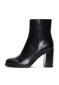Black leather ankle boot with a rounded toe, smooth texture, and a thick, block heel. Sleek design with minimalistic detailing.